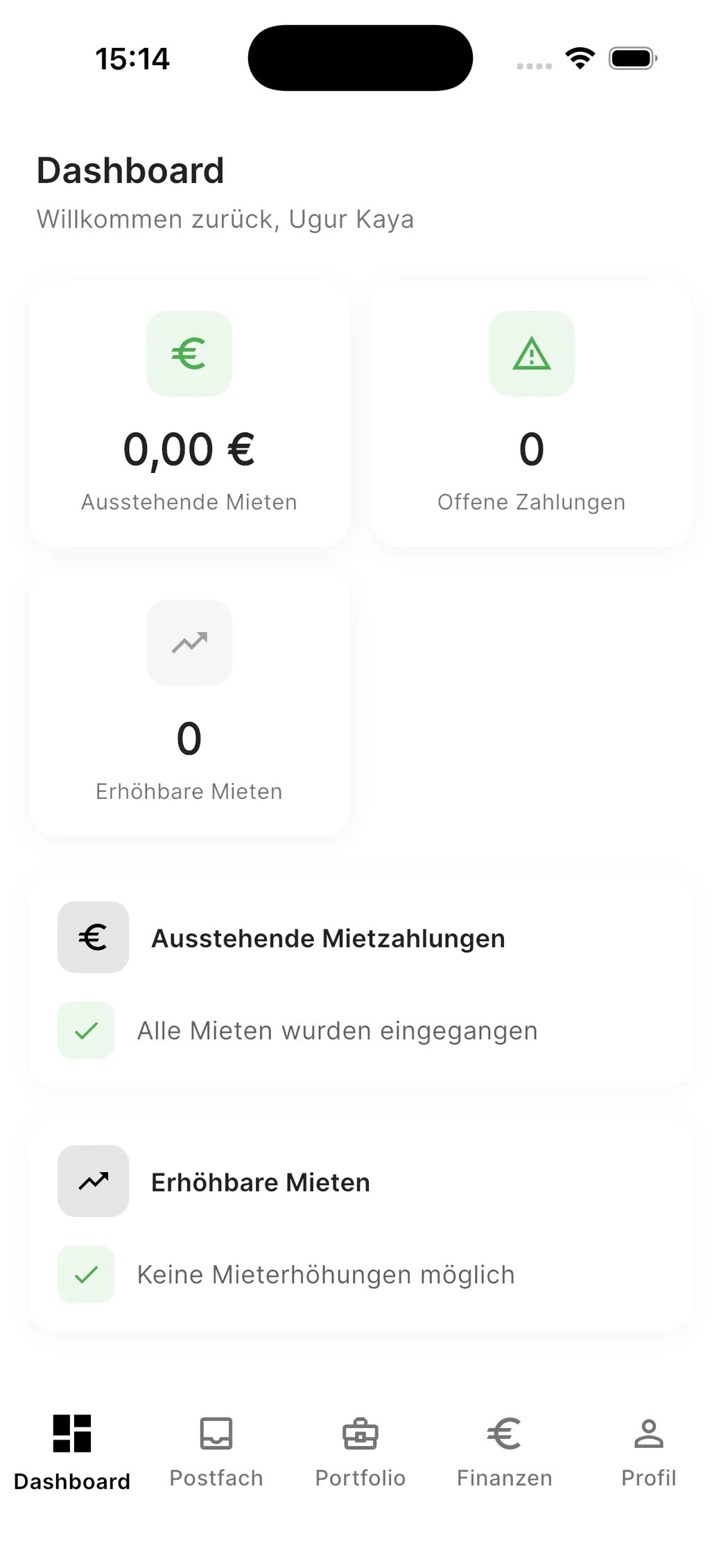 Dashboard mit der Kachel „Ausstehende Mieten“ und dem Hinweis, dass alle Mieten eingegangen sind